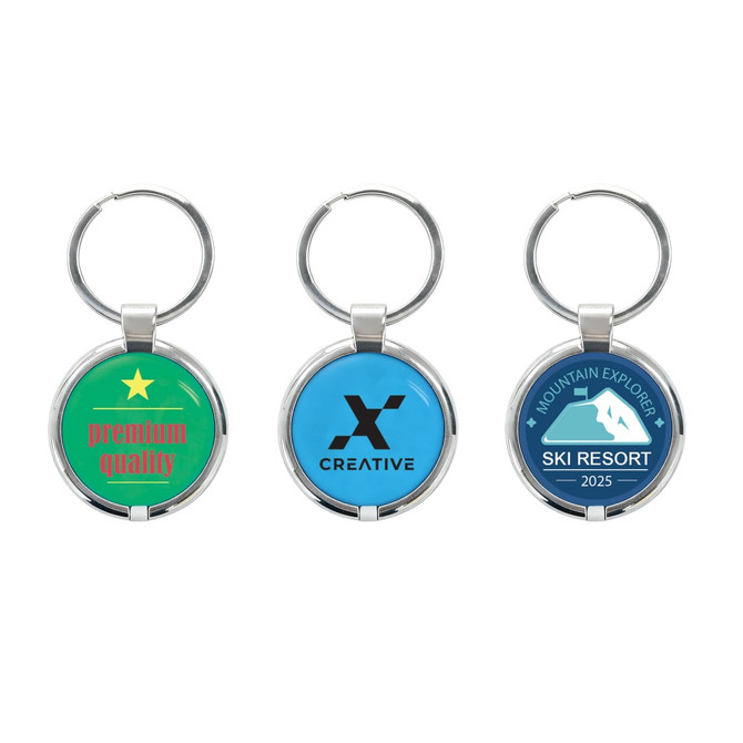 Three NFC epoxy round tags with a metal keyring, featuring green, blue, and a multi-coloured design. Each tag has a logo.