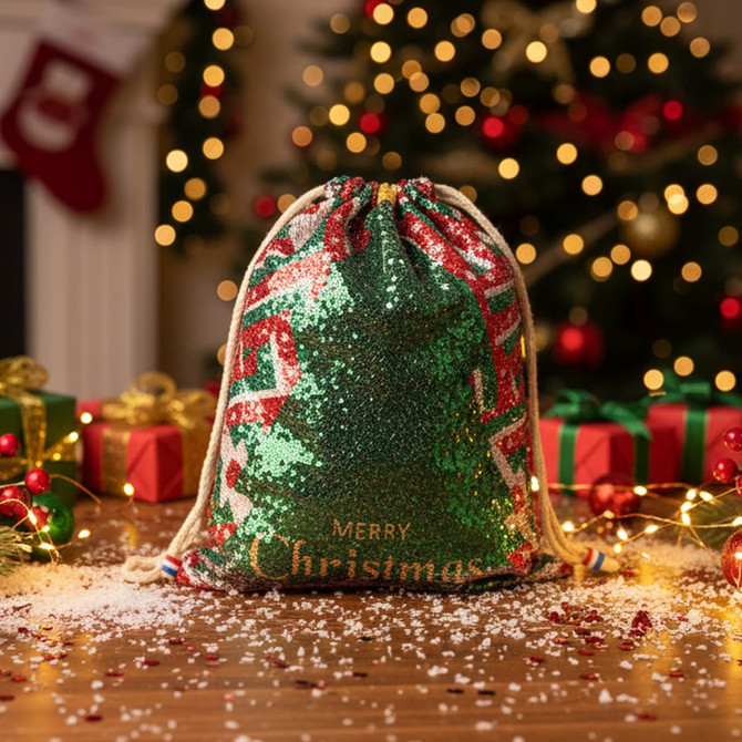 A green sequin drawstring bag with red and white accents, placed against a festive background with Christmas decorations.