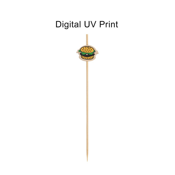 A bamboo skewer topped with a burger design, featuring a natural wood colour and a logo on the shaft.