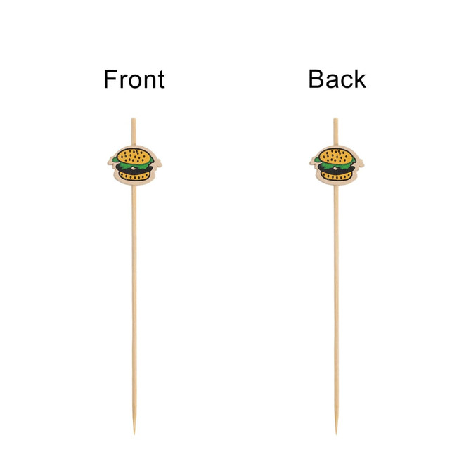 Bamboo cocktail skewers in natural colour, featuring a burger design on the top. Pack of 100 with logos.