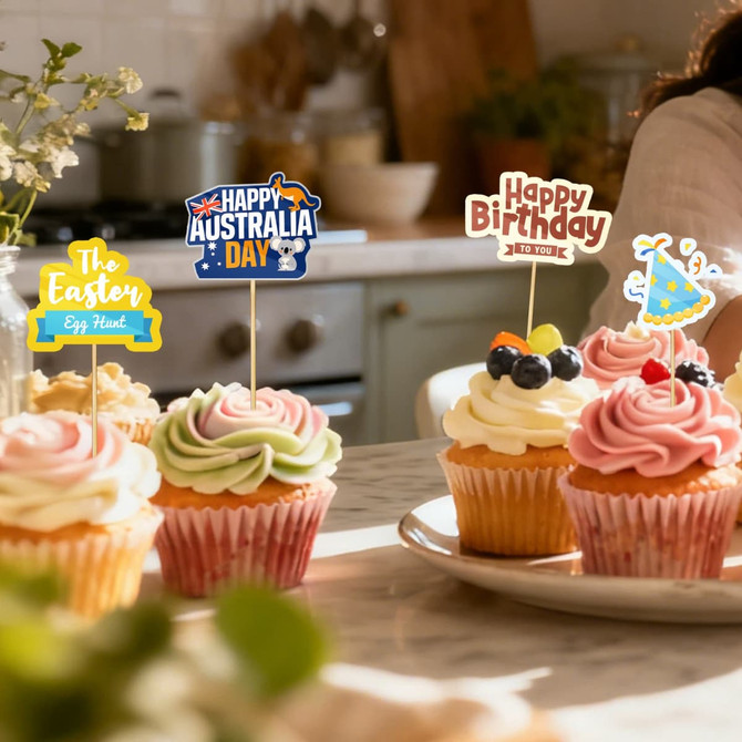 Colourful cupcake toppers in various designs, including birthday and Australia Day themes, on cupcakes with pastel icing.