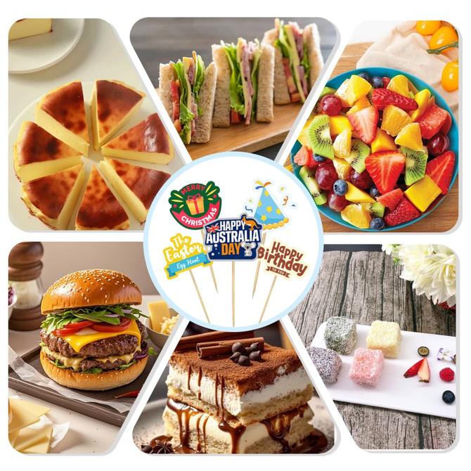 A collection of food items including sandwiches, fruit salad, cake, burger, and sweets, alongside custom sticker toothpicks.