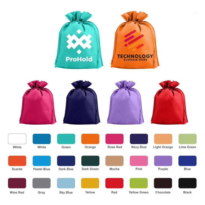 A collection of non-woven drawstring bags in various colours, including teal, orange, pink, purple, and more.