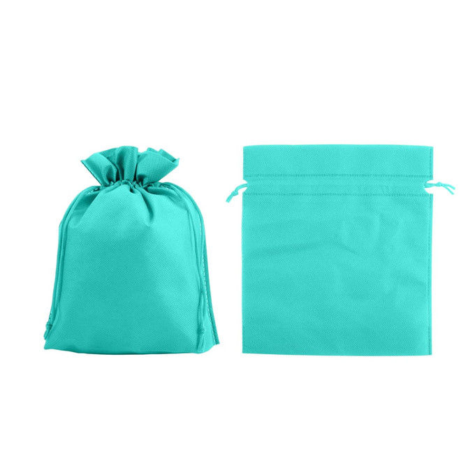 A turquoise non-woven drawstring bag next to an open version of the same bag, both featuring a simple design.