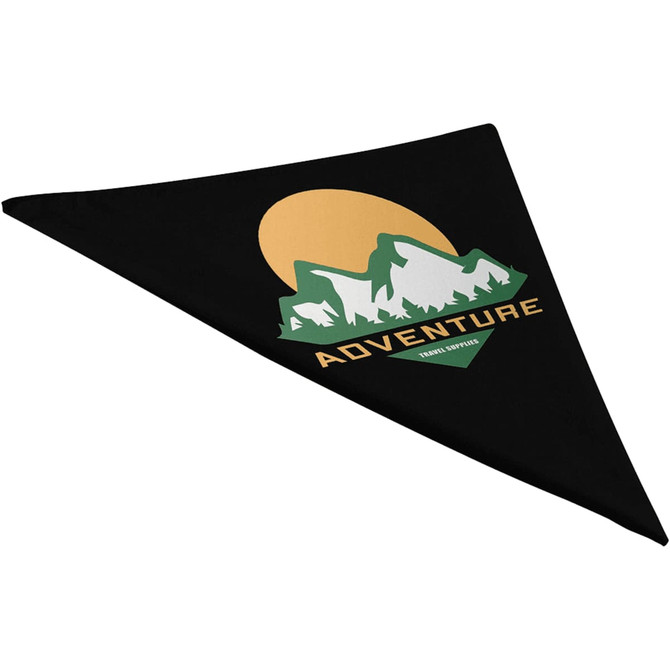 A triangular black bandana featuring a mountain and sun design with green and gold accents. It has a logo.
