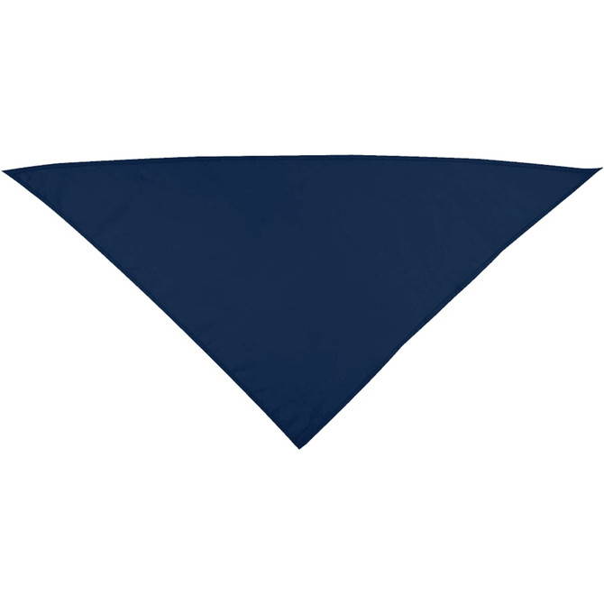 A navy blue bandana in a triangular shape, featuring a logo.