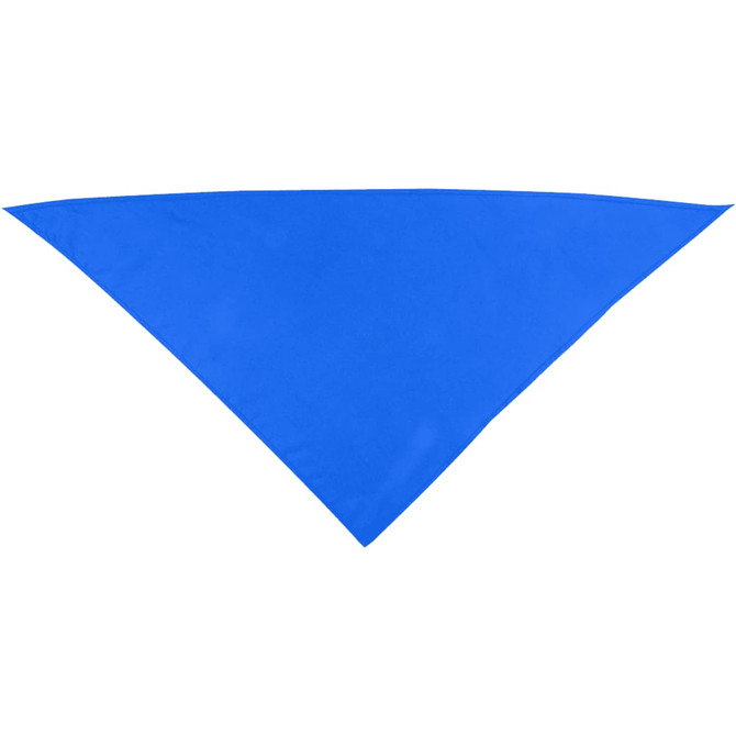 A blue triangular bandana with a smooth texture and a logo.