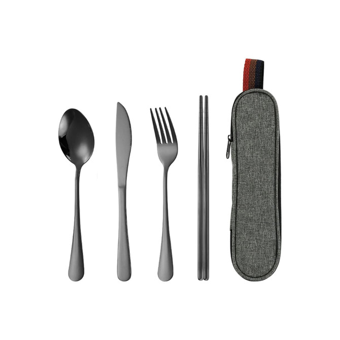 A travel cutlery set featuring a spoon, knife, fork, and chopsticks, enclosed in a grey pouch with a coloured zipper.