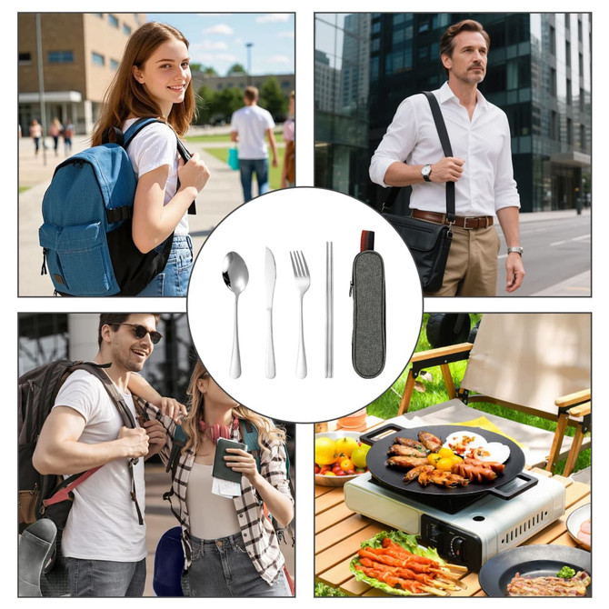 Travel cutlery set containing a fork, knife, spoon, and case, featuring silver utensils and a grey storage pouch.