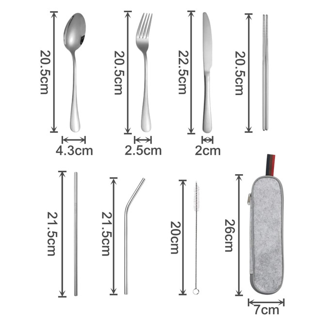 A stainless steel flatware set featuring a spoon, fork, knife, straws, cleaning brush, and a carrying pouch.