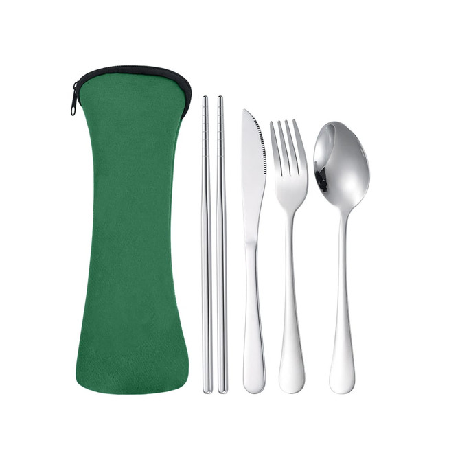 A green travel cutlery set featuring stainless steel chopsticks, knife, fork, and spoon in a matching case.