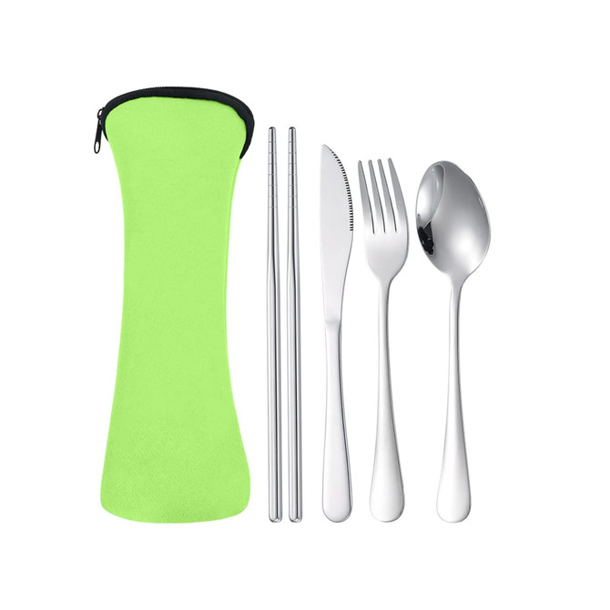 A green travel pouch contains a knife, fork, spoon, chopsticks, and a fork, all in silver stainless steel.