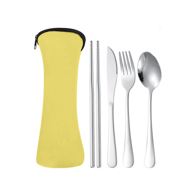 A yellow travel cutlery case containing stainless steel chopsticks, knife, fork, and spoon.