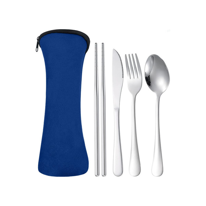 A blue carry case containing stainless steel cutlery: a spoon, fork, knife, and chopsticks.