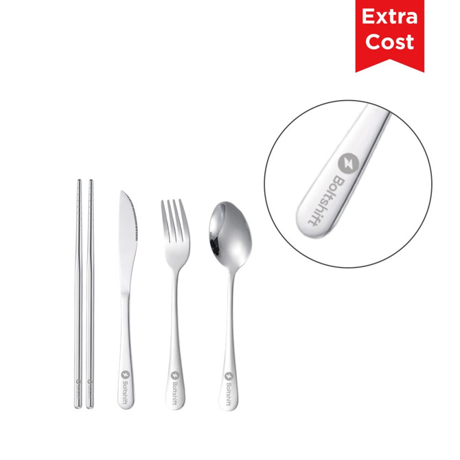 A travel cutlery set featuring stainless steel fork, knife, spoon, and chopsticks, all with a silver finish.