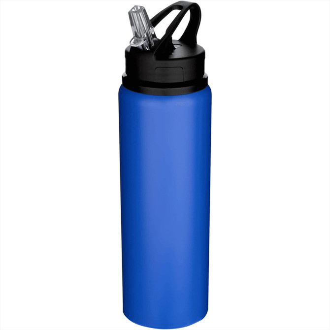A drink bottle in vibrant blue, made of recycled stainless steel, featuring a black lid and a straw.