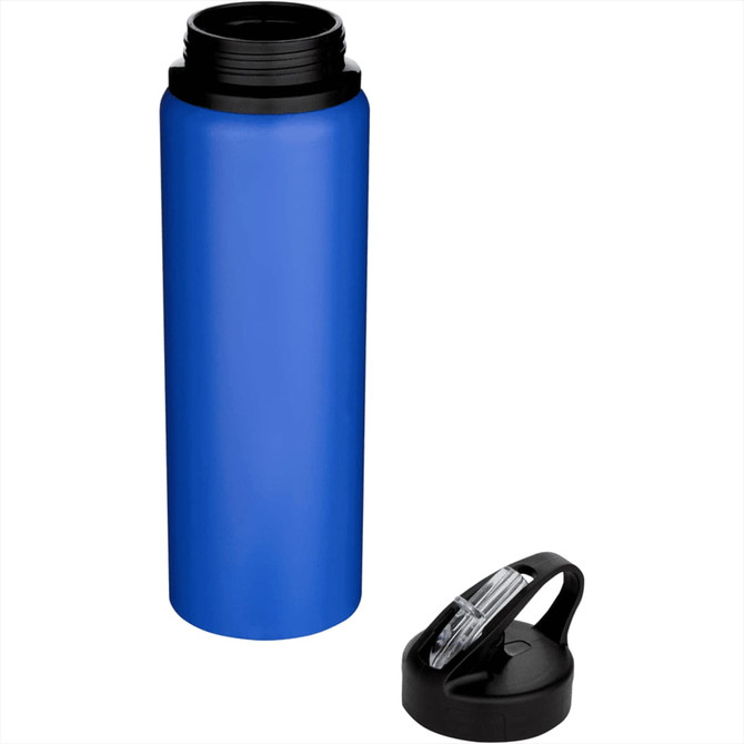 A blue stainless steel drink bottle with a black lid, featuring a sleek design and a logo.