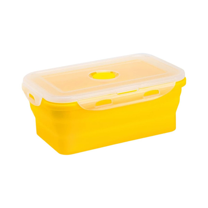 A collapsible silicone food storage container in bright yellow with a clear lid and a circular vent.