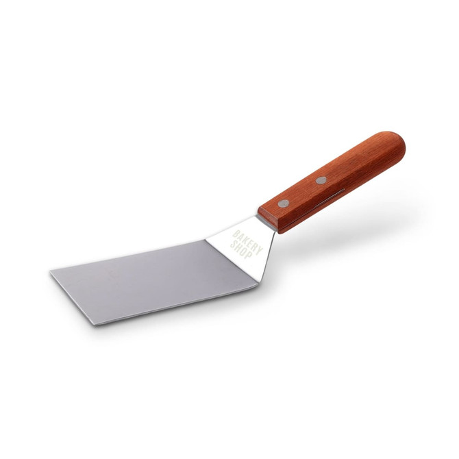 A stainless steel turner with a flat blade and a brown wooden handle, featuring a branding logo.