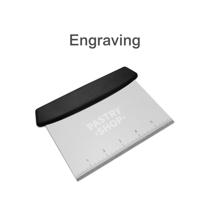 A bench scraper with a black plastic handle and a stainless-steel blade featuring measurement markings.