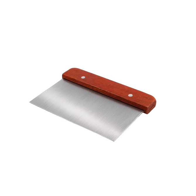 A stainless steel dough scraper with a wooden handle, featuring a sleek silver blade and a brown handle.