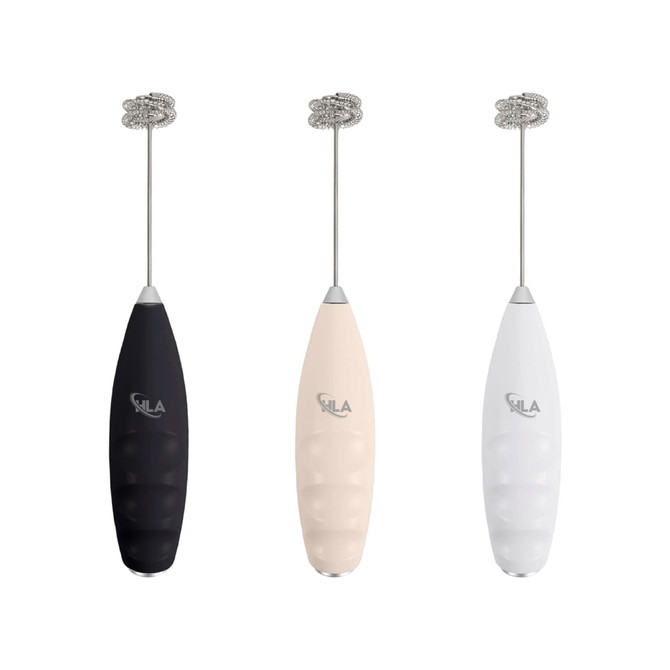 A milk frother in black, cream, and white, featuring a metallic whisk attachment and a logo.