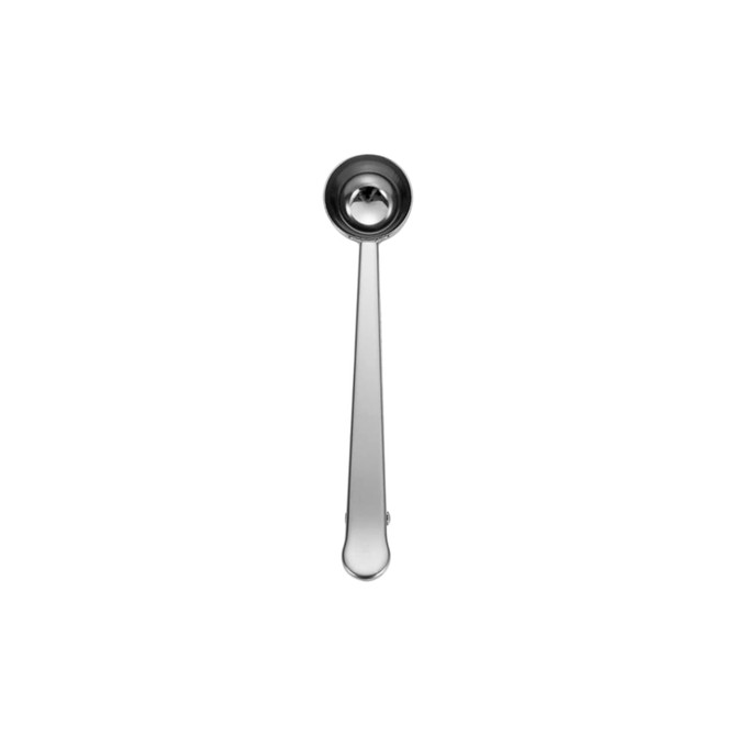 A stainless steel coffee measuring spoon with a clip, featuring a sleek design and shiny finish.