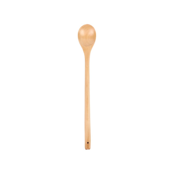 A long handle wooden spoon in a natural wood colour, featuring a rounded bowl and a hole for hanging.