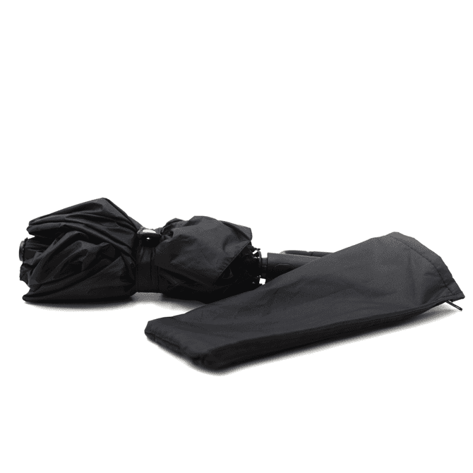 A foldable black umbrella with a matching sleeve, compact and ready for storage. Features a logo on the handle.