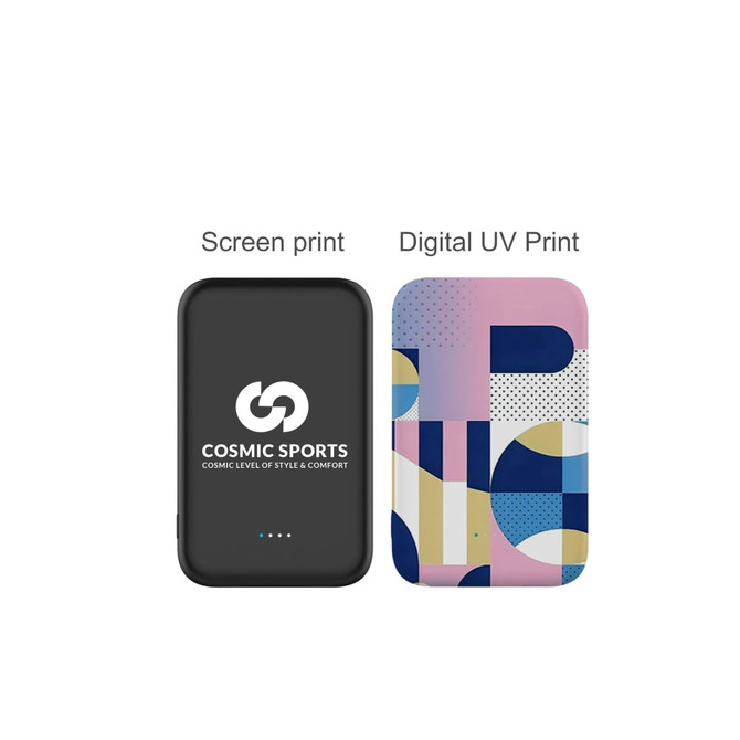 A black power bank with a logo on one side and a colourful printed design on the other side.