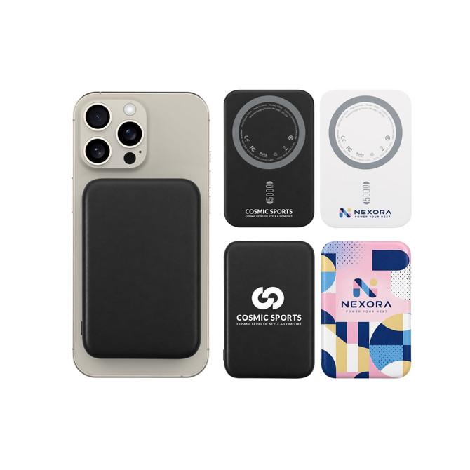 A black 5000mAh magnetic wireless power bank displayed next to four colourful variations with logos on them.