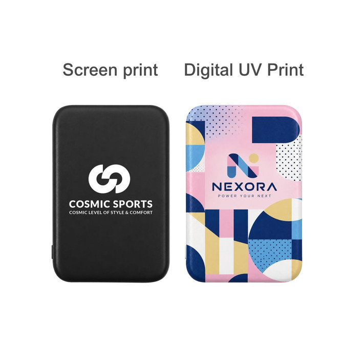 A black power bank with a logo on one side and a multicoloured design on the other, featuring another logo.