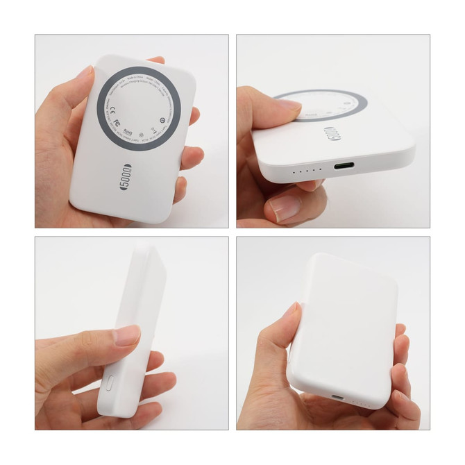 A white 5000mAh magnetic wireless power bank featuring a circular design and a port for charging. It has a logo.