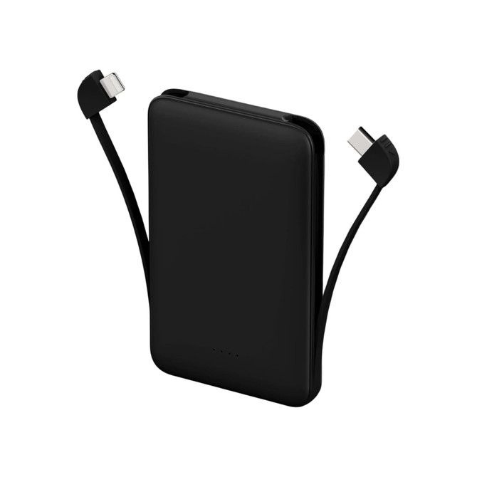 A black 5000mAh slim power bank with an integrated charging cable on both ends and a subtle logo.