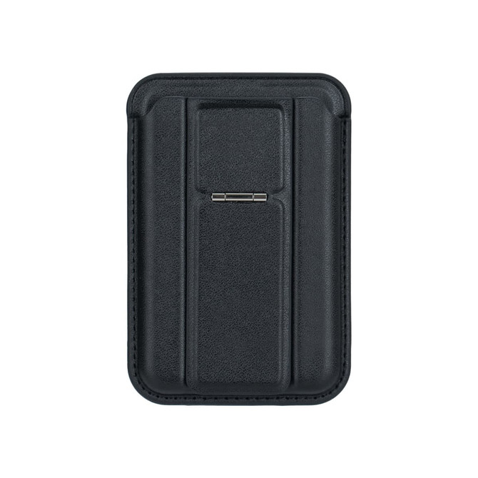 A black PU magnetic card holder featuring a slim design with a built-in phone stand and a metallic clip.