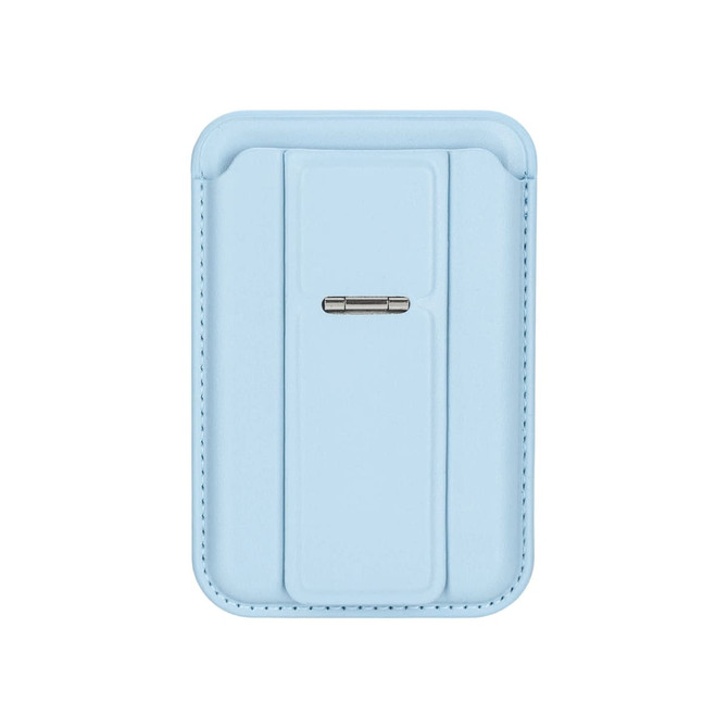 A light blue PU magnetic card holder with a phone stand, featuring a sleek design and a metal clasp.