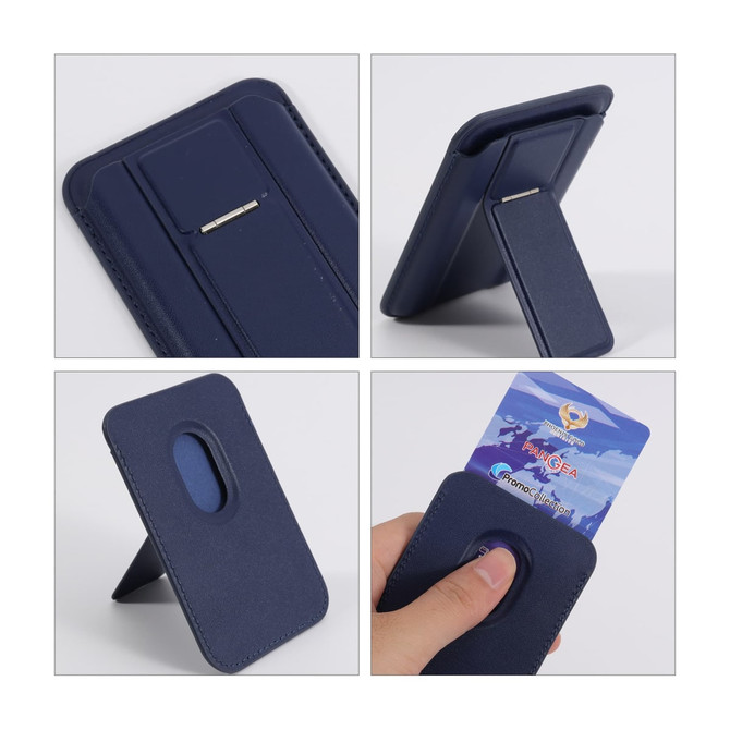A navy PU magnetic card holder featuring a phone stand and a slot for a card, with a minimalistic design.
