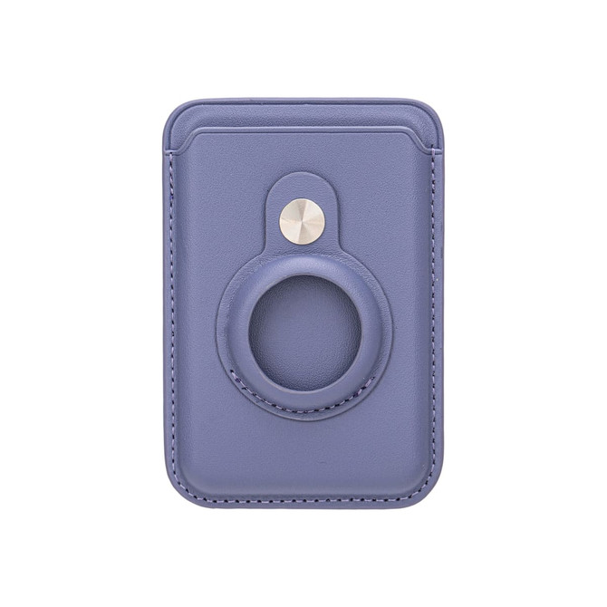 A purple PU magnetic card and Airtag holder with a circular slot and a metal button. It features stitched edges and a sleek design.