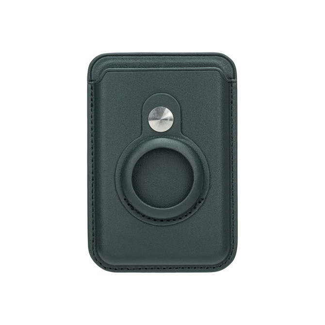 A dark green PU magnetic card and AirTag holder with a circular slot and metal button. It features a smooth finish.