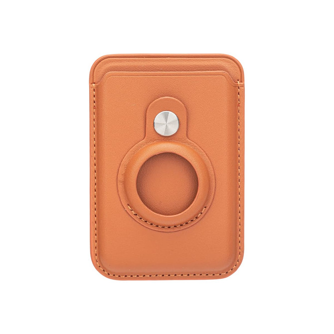 A PU magnetic card and AirTag holder in a tan colour, featuring a circular attachment on the front and a logo.