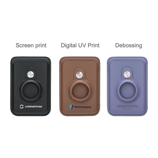Three PU magnetic card and Airtag holders in black, brown, and lavender, each featuring a circular grip and a logo.