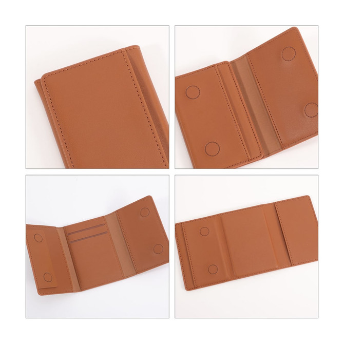 A brown PU magnetic wallet with multiple sections and circular magnets for secure closure. It has a simple, sleek design.
