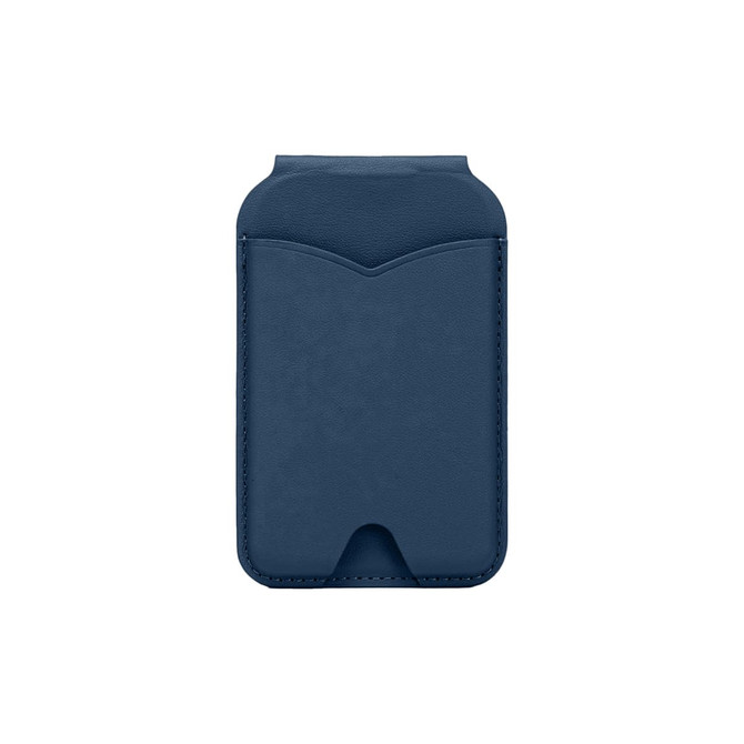 A navy blue PU magnetic card holder with a smooth finish and a top slot for a mirror. Features a logo.