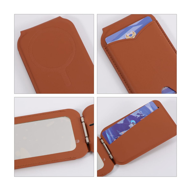 A brown PU magnetic card holder with a mirror, featuring two compartments for cards and a transparent window.