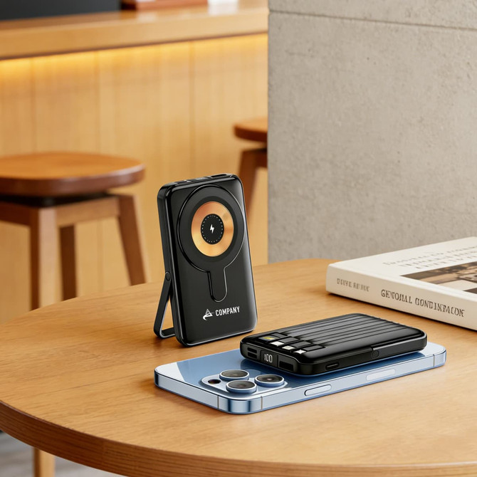 A black 10000mAh 6 in 1 magnetic wireless power bank sits upright on a wooden table next to a smartphone and a book.