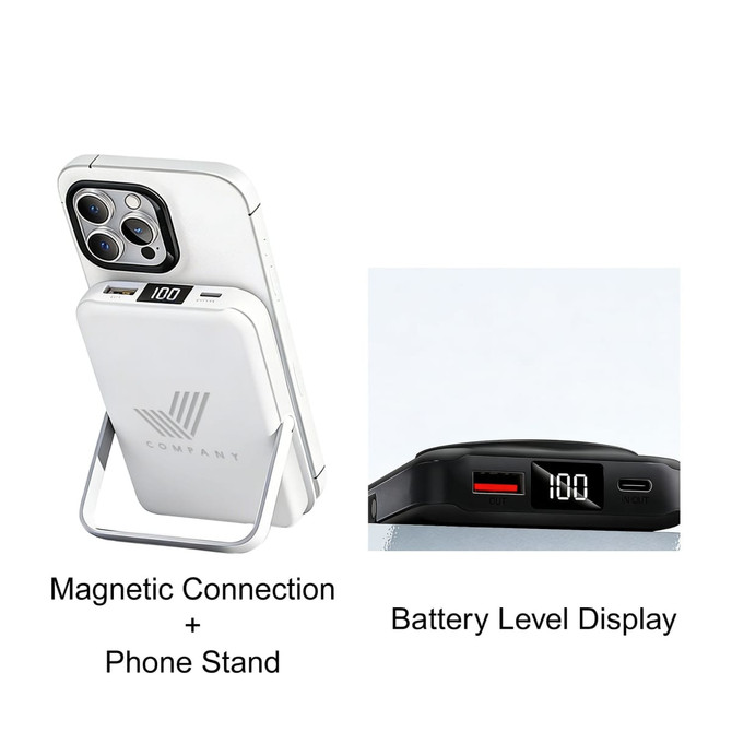 A white magnetic wireless power bank with a phone stand and battery level display. Features a logo.
