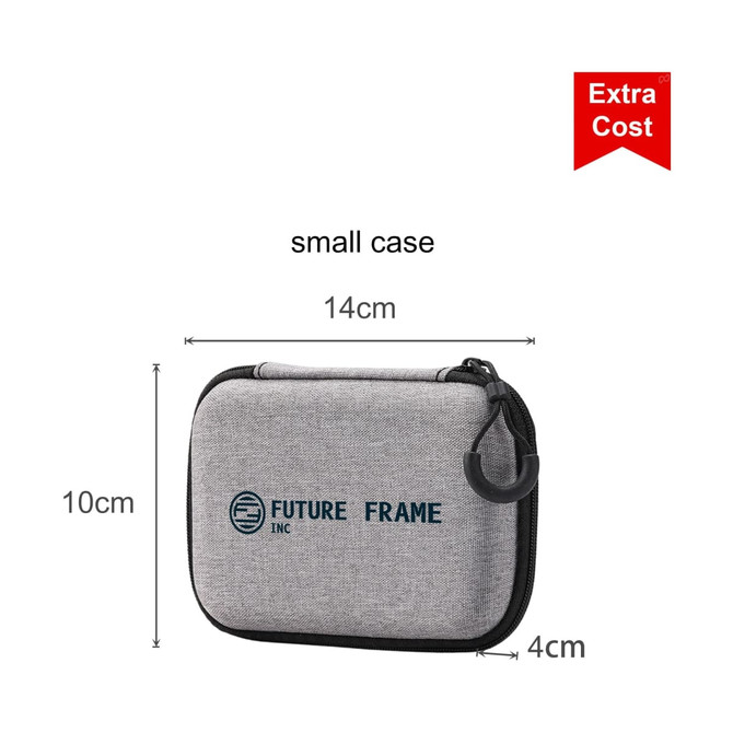 A small grey zippered case with a logo, measuring 14cm x 10cm x 4cm.
