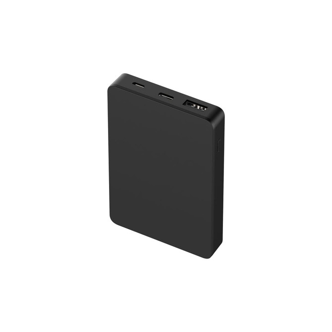 A black square power bank with multiple ports, including USB and USB-C, showcasing a sleek design.