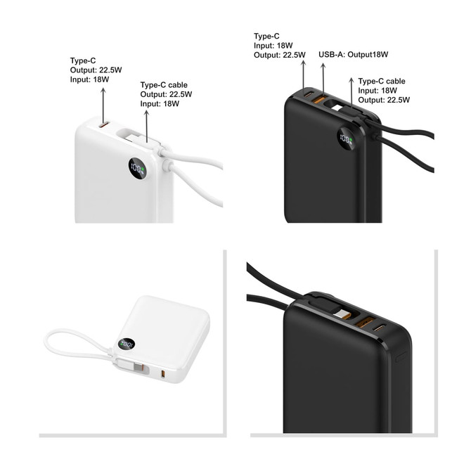 A 10,000mAh power bank in black and white with USB ports and integrated charging cables. Contains a logo.