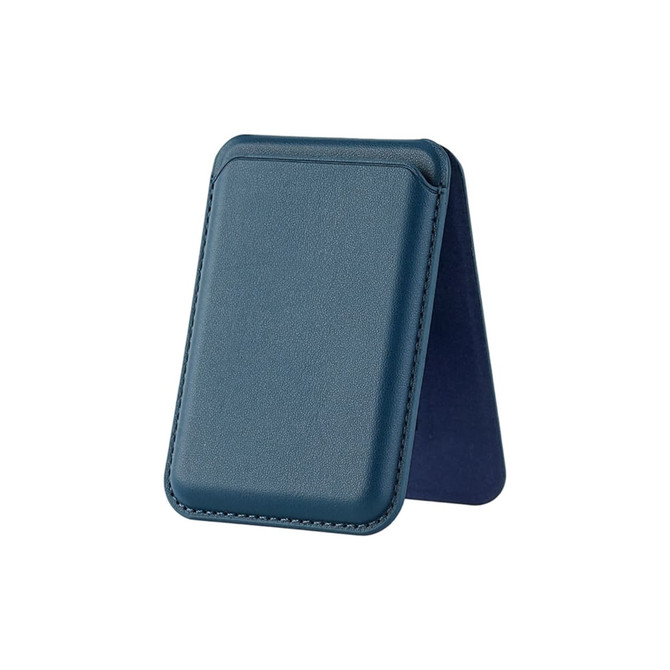 A navy blue PU foldable magnetic card holder with a phone stand feature. It has a smooth texture and a logo.